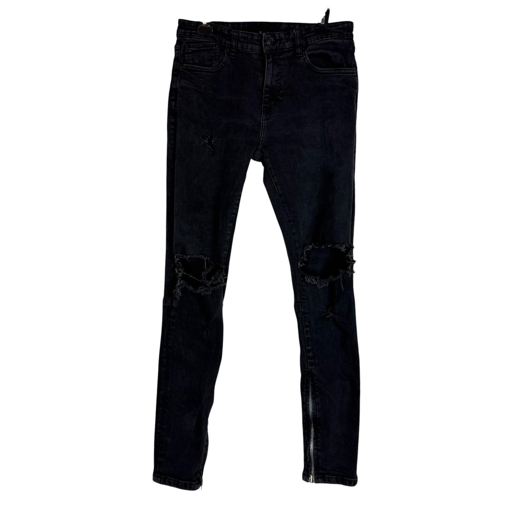 Forever 21 Jeans Mens 31x31 Black Dark Wash Slim Skinny Distressed Ankle Zip